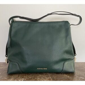 Michael Kors Crosby Racing Green Leather‎ Large Shoulder Bag Side Locks Luxury